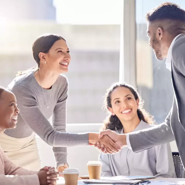 Young professionals shake hands over a conference table in an office with large glass windows.